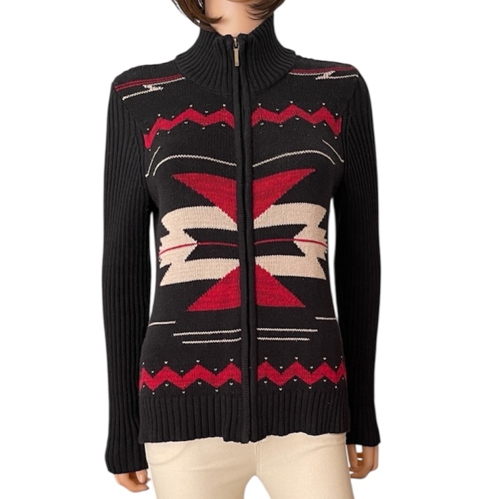 Vintage Chaps Denim Ralph Lauren Black n Red Geometric Women's Zipper Cardigan
